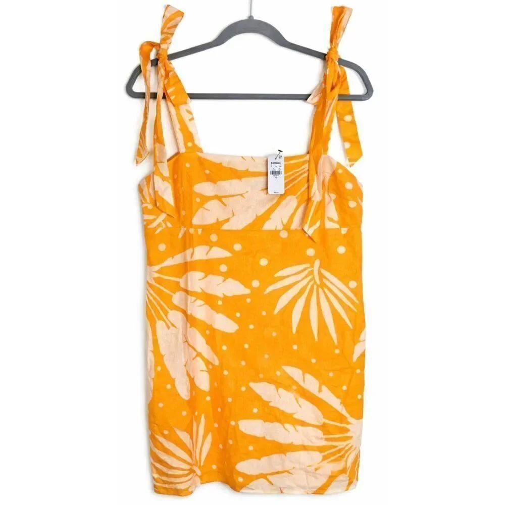 Express womens medium linen cotton yellow sun dress spring summer vacation